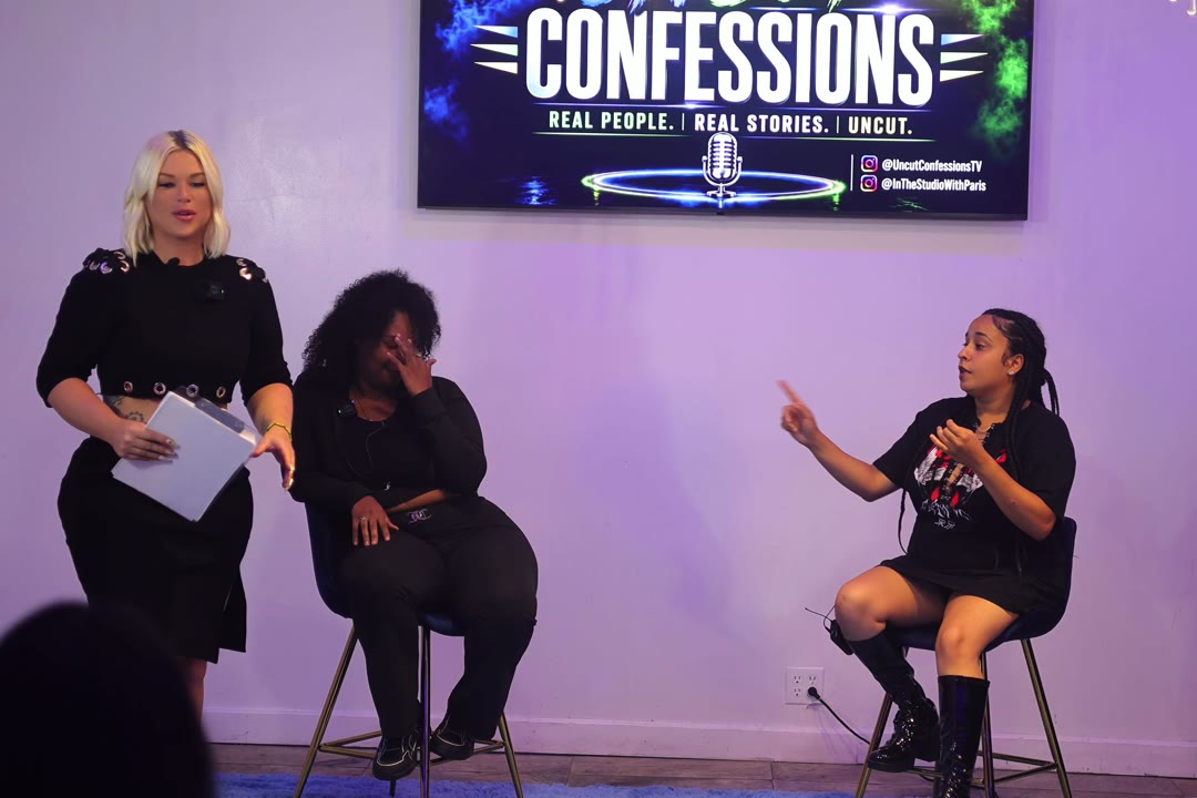 Karly and Karma roasting each other on the Uncut Confessions stage